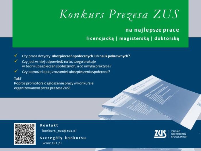 Konkurs Prezesa ZUS na najlepsze prace: licencjacką, magisterską oraz doktorską z zakresu ubezpieczeń społecznych