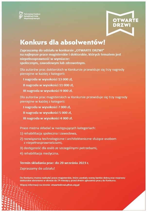 XIX edycja Ogólnopolskiego Konkursu „OTWARTE DRZWI” na najlepsze prace magisterskie i doktorskie, których tematem jest niepełnosprawność w wymiarze: społecznym, zawodowym lub zdrowotnym
